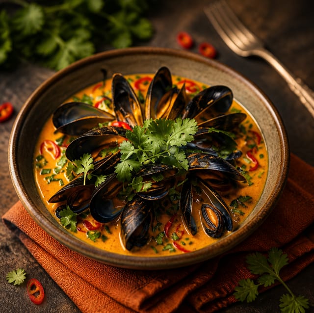 Mussels Panang Curry Sauce.